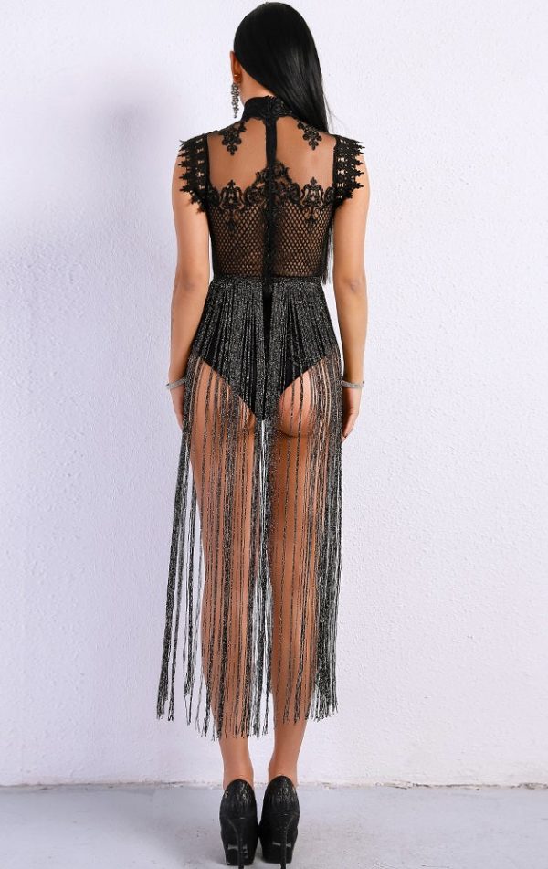 Black Fringe Bodysuit Dress - 图片 3
