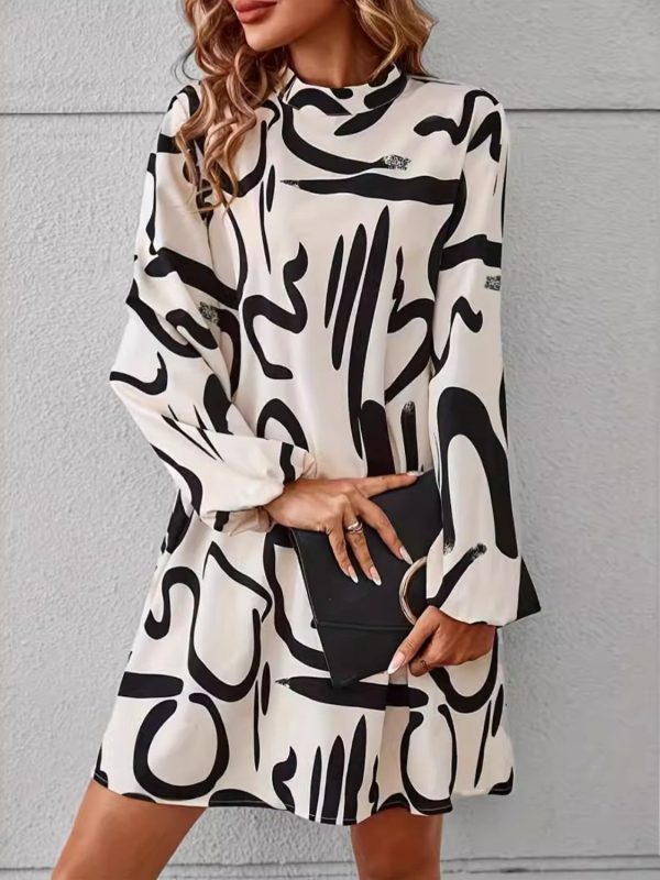 Printed Mock Neck Long Sleeve Mini Dress - 图片 2